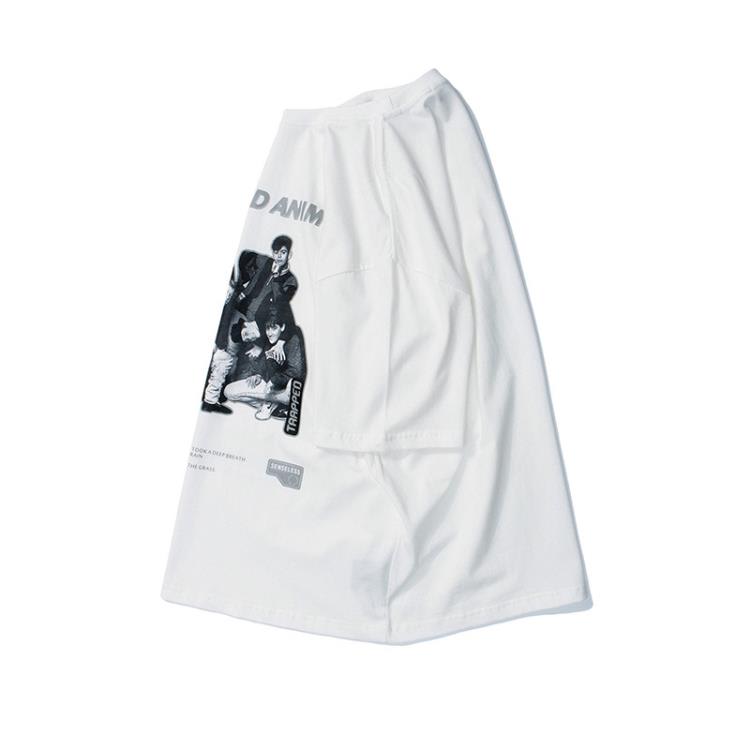 2023夏季新款歐美復古人像印花短袖T恤男潮牌街頭寬松圓領T恤-細節圖4