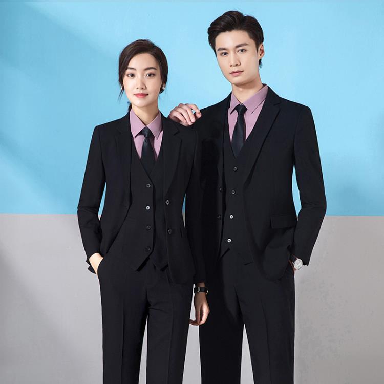 正裝男女同款西裝套裝黑色三件套四季通用物業藍色西服上班工作服-細節圖2