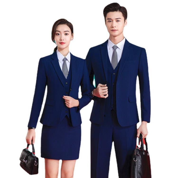 正裝男女同款西裝套裝黑色三件套四季通用物業藍色西服上班工作服-細節圖5