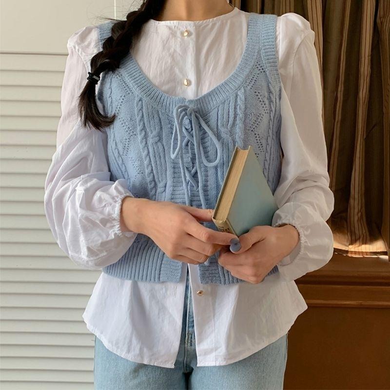 現貨 韓國兩面穿綁帶針織背心 杏色-細節圖3