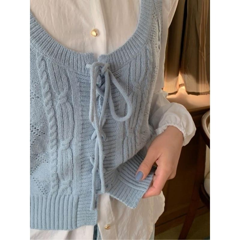 現貨 韓國兩面穿綁帶針織背心 杏色-細節圖4