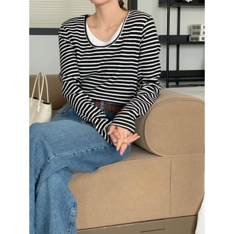 現貨 韓國假兩件條紋圓領長袖上衣 黑白條紋-細節圖2