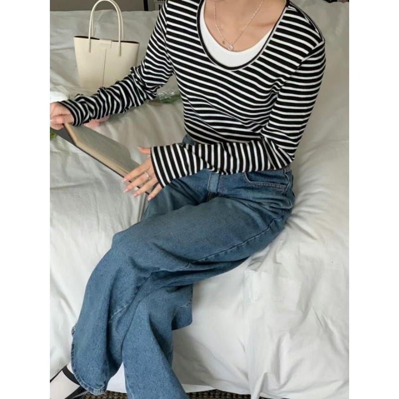 現貨 韓國假兩件條紋圓領長袖上衣 黑白條紋-細節圖3