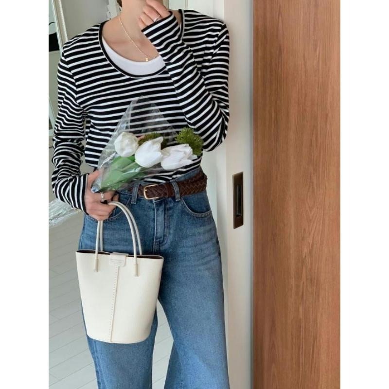 現貨 韓國假兩件條紋圓領長袖上衣 黑白條紋-細節圖4