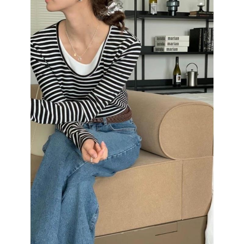 現貨 韓國假兩件條紋圓領長袖上衣 黑白條紋-細節圖5