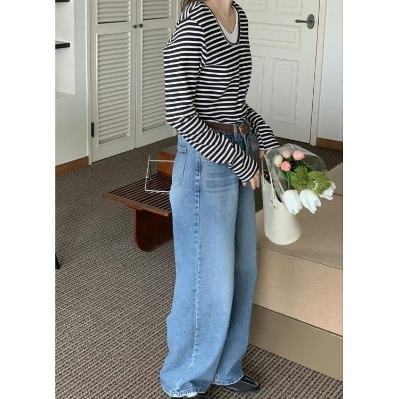 現貨 韓國假兩件條紋圓領長袖上衣 黑白條紋-細節圖6