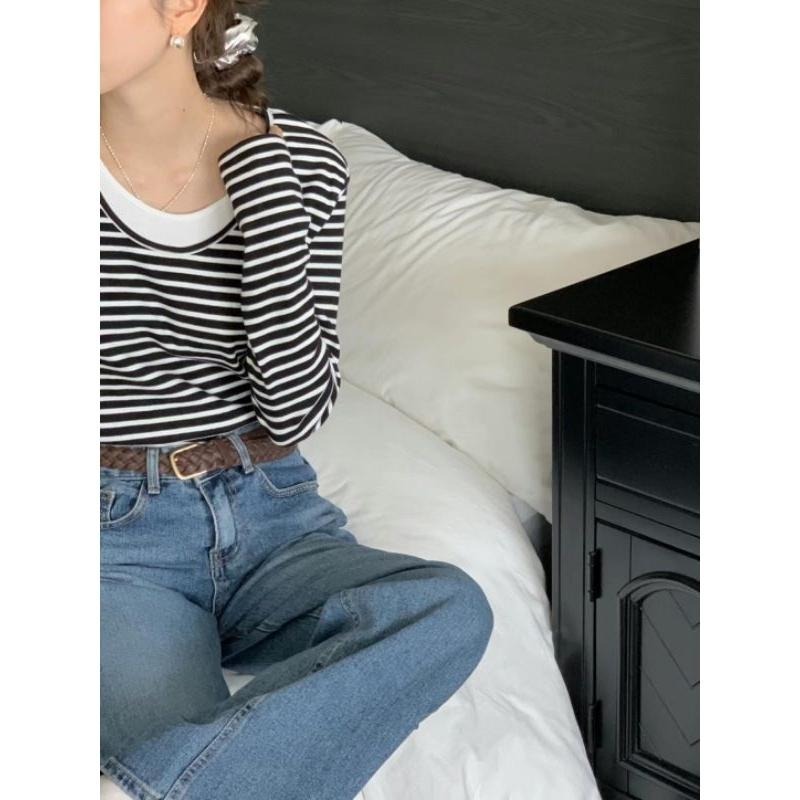 現貨 韓國假兩件條紋圓領長袖上衣 黑白條紋-細節圖7