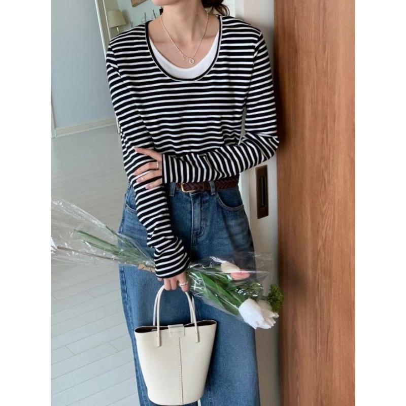 現貨 韓國假兩件條紋圓領長袖上衣 黑白條紋-細節圖8