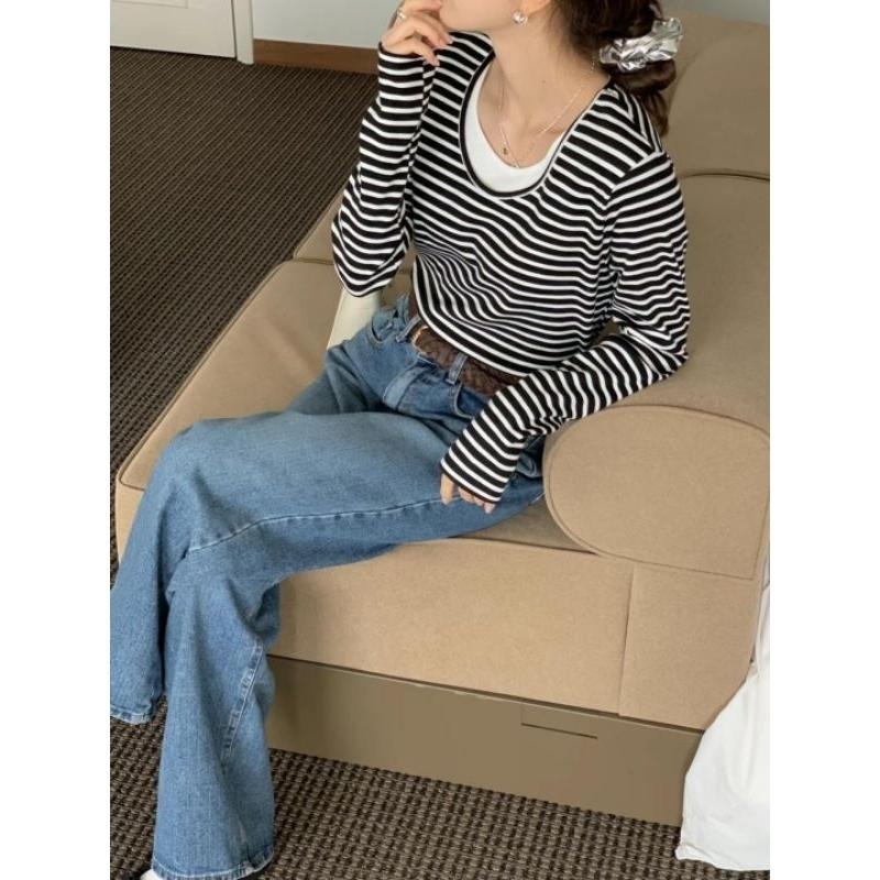 現貨 韓國假兩件條紋圓領長袖上衣 黑白條紋-細節圖9