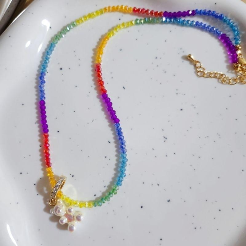 現貨 韓國飾品 彩色串珠項鍊配珍珠白熊吊墜-細節圖2