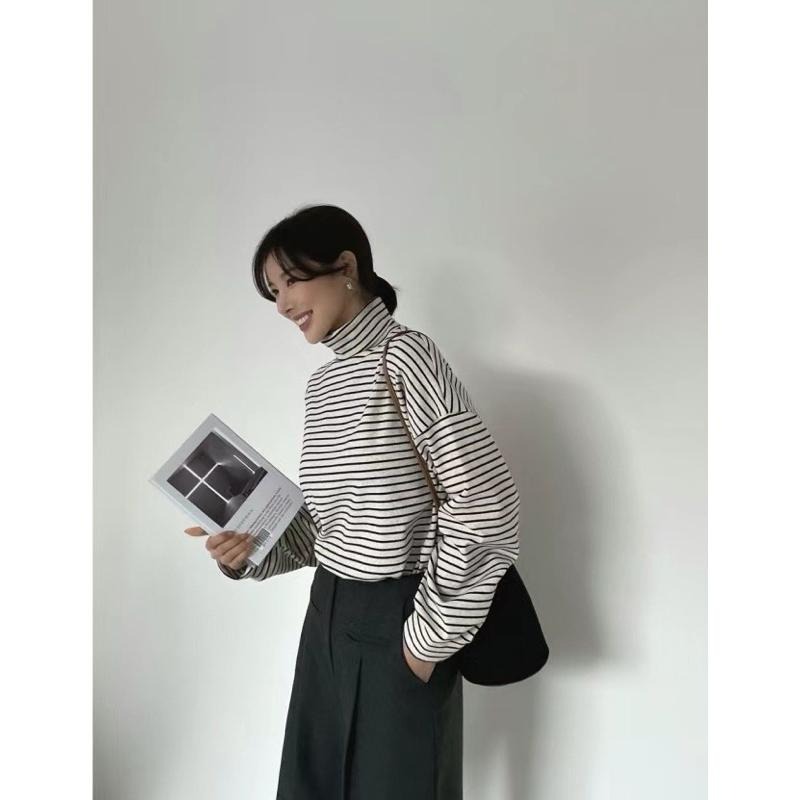 現貨 韓國連線 純棉高領條紋長袖上衣 白底色-細節圖2