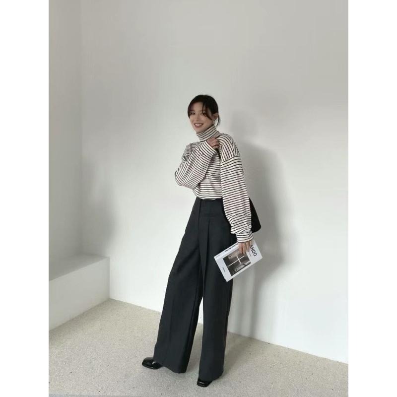 現貨 韓國連線 純棉高領條紋長袖上衣 白底色-細節圖3