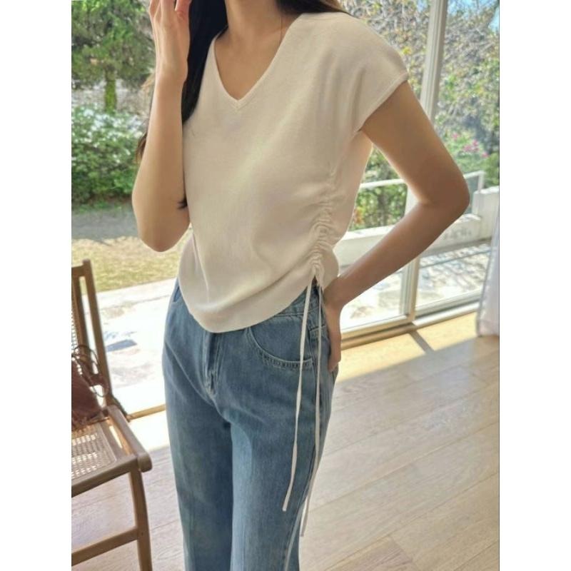 現貨 韓國腰部抽繩V領休閒上衣 白/條紋-細節圖2