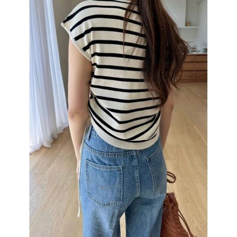 現貨 韓國腰部抽繩V領休閒上衣 白/條紋-細節圖3