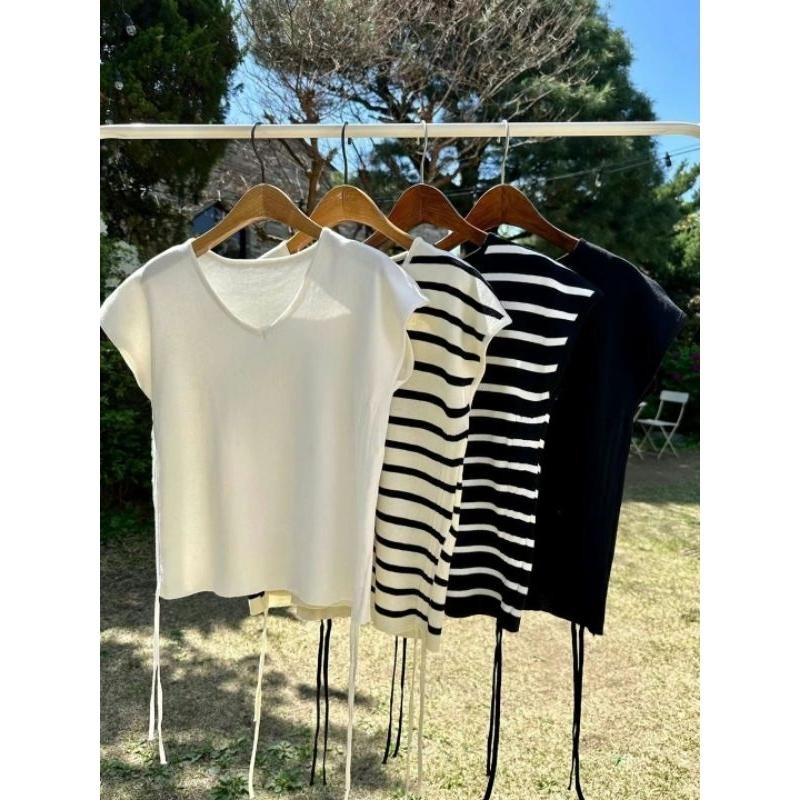 現貨 韓國腰部抽繩V領休閒上衣 白/條紋-細節圖8