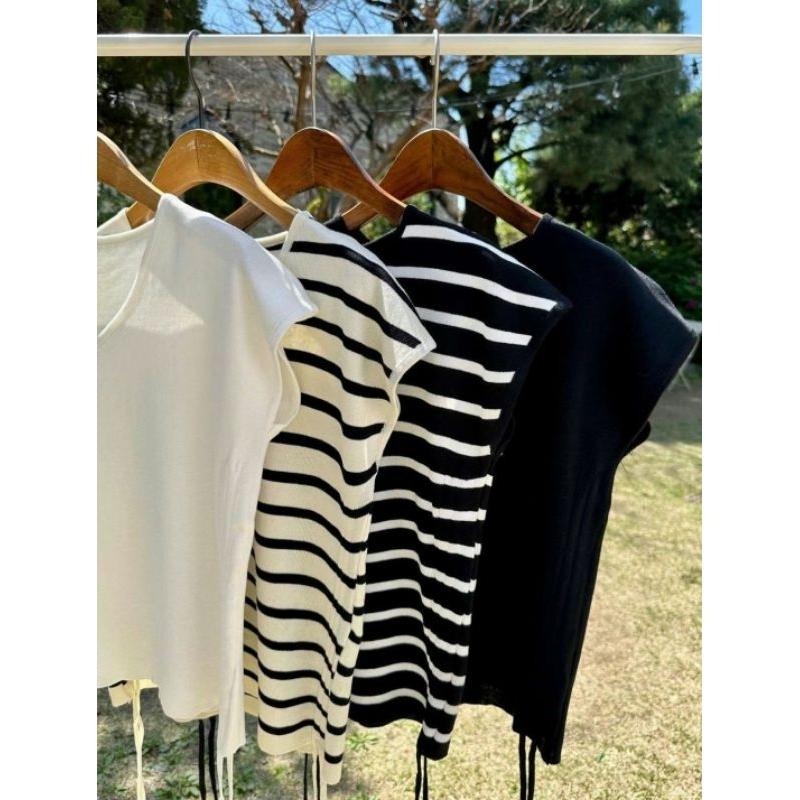 現貨 韓國腰部抽繩V領休閒上衣 白/條紋-細節圖9