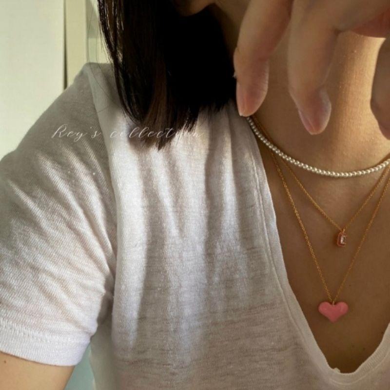 現貨 韓國飾品 設計師款 愛心寶石與珍珠項鍊 3鍊 3個一組 粉/綠-細節圖2