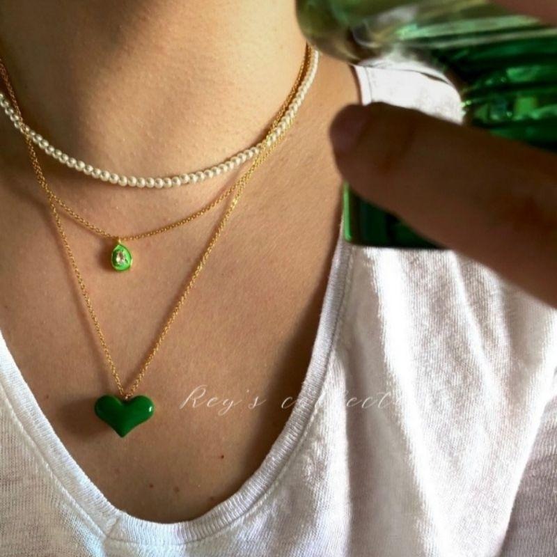 現貨 韓國飾品 設計師款 愛心寶石與珍珠項鍊 3鍊 3個一組 粉/綠-細節圖3