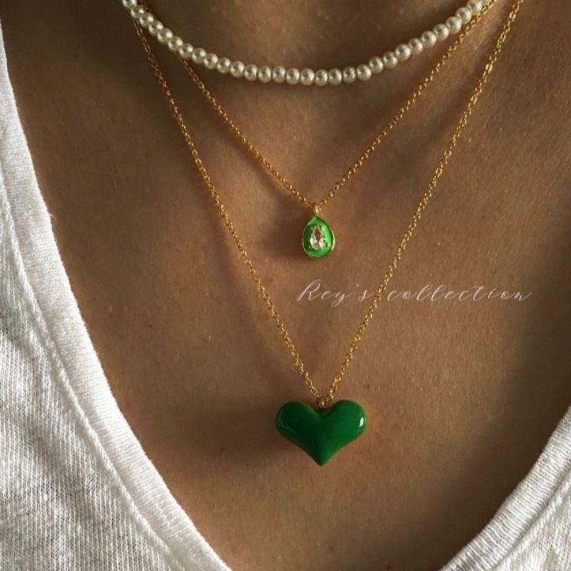 現貨 韓國飾品 設計師款 愛心寶石與珍珠項鍊 3鍊 3個一組 粉/綠-細節圖4