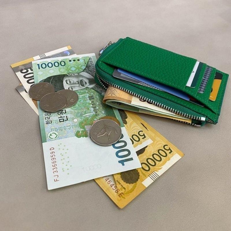 現貨 韓國皮夾 歐膩真皮拉鍊卡夾 亞麻藍-細節圖5