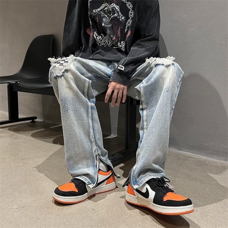 牛仔褲 美式男破洞棋盤格夏季ins高街設計感長褲潮牌痞帥炸褲子-細節圖4