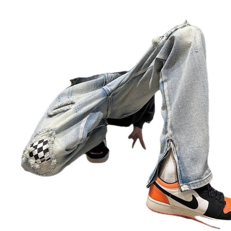 牛仔褲 美式男破洞棋盤格夏季ins高街設計感長褲潮牌痞帥炸褲子-細節圖5