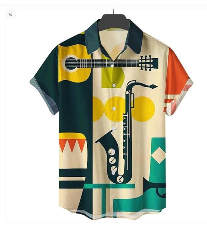 襯衫 男士短袖寬松翻領開衫上衣3D數碼印花短袖襯衣-細節圖2