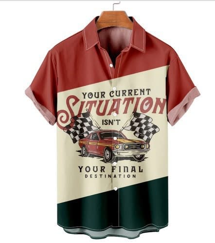 襯衫 男士短袖寬松翻領開衫上衣3D數碼印花短袖襯衣-細節圖3