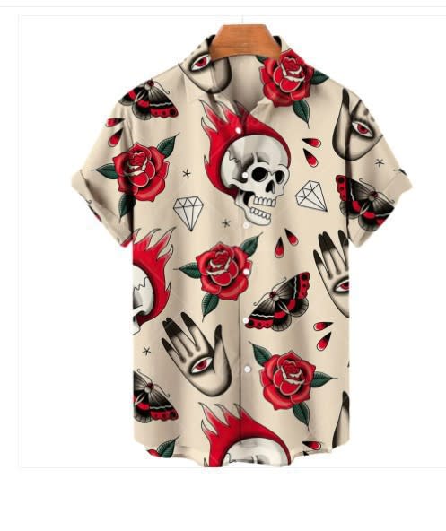 襯衫 男士短袖寬松翻領開衫上衣3D數碼印花短袖襯衣-細節圖7