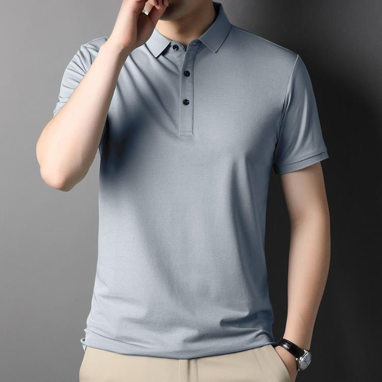 polo衫 夏季男式純色含桑蠶絲寬松款基礎大眾日常休閒時尚百搭男裝-細節圖2