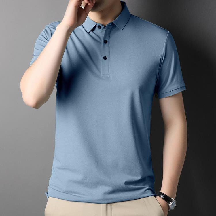 polo衫 夏季男式純色含桑蠶絲寬松款基礎大眾日常休閒時尚百搭男裝-細節圖4