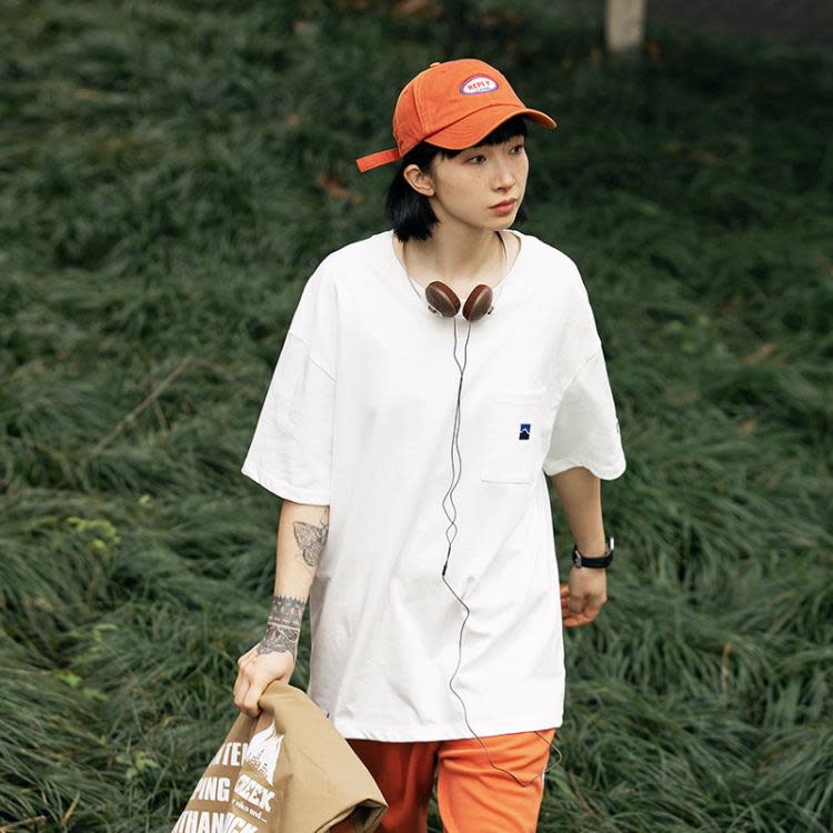 北界男裝 美式潮牌2023夏季新款口袋刺繡圓領半袖上衣寬松短袖T恤-細節圖3