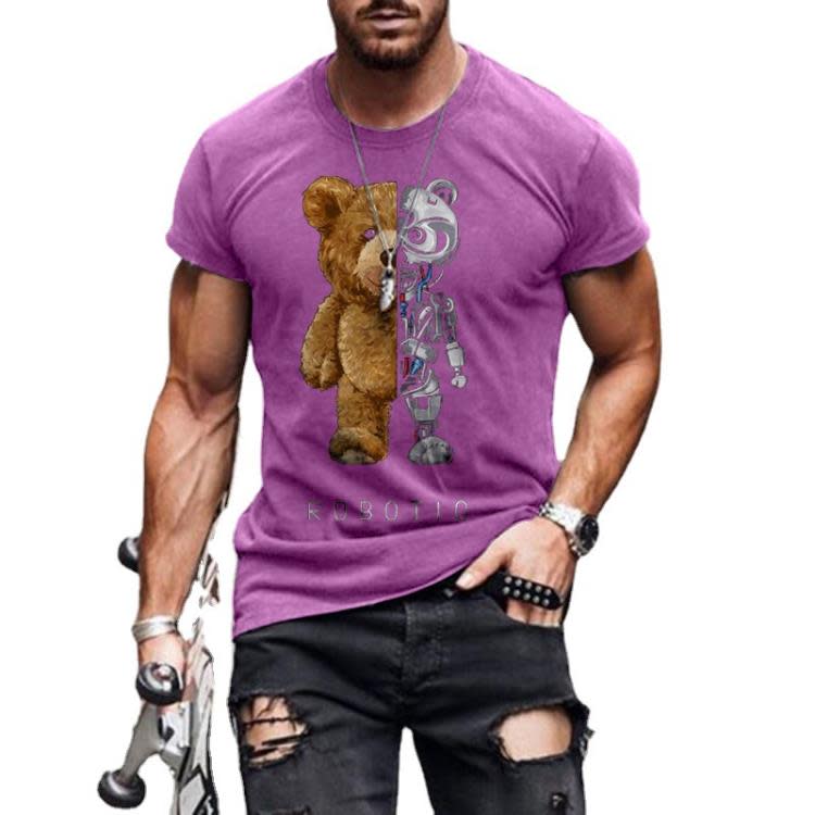 短袖T恤 2023夏季寬松休閒 泰迪熊時尚無領黑色t恤男-細節圖5