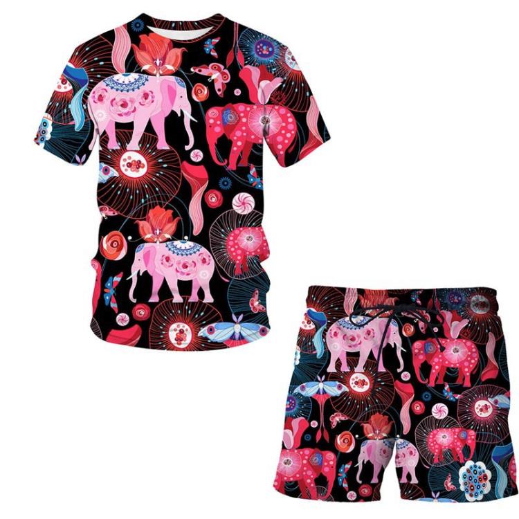 短袖T恤 歐美夏裝炫彩大象圖案3D印花套裝青少年休閒短褲套裝-細節圖2