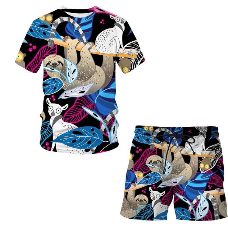 短袖T恤 歐美夏裝炫彩大象圖案3D印花套裝青少年休閒短褲套裝-細節圖6