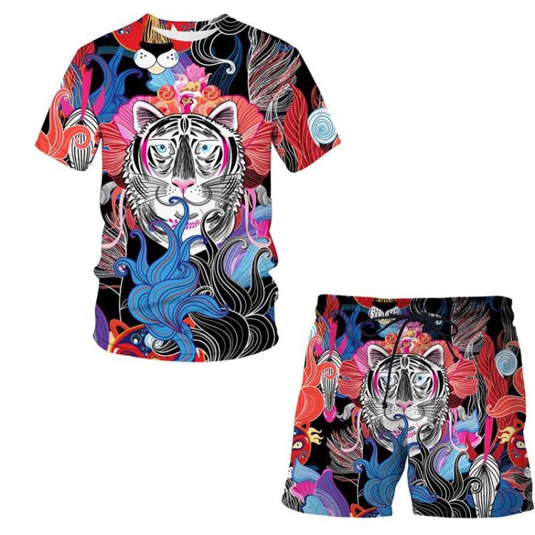 短袖T恤 歐美夏裝炫彩大象圖案3D印花套裝青少年休閒短褲套裝-細節圖9