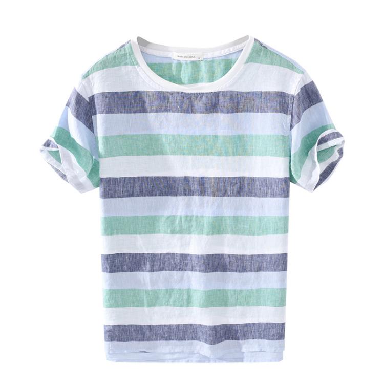 短袖T恤 B1233夏季條紋亞麻男裝潮流青年上衣棉麻條紋圓領麻布衣服-細節圖5