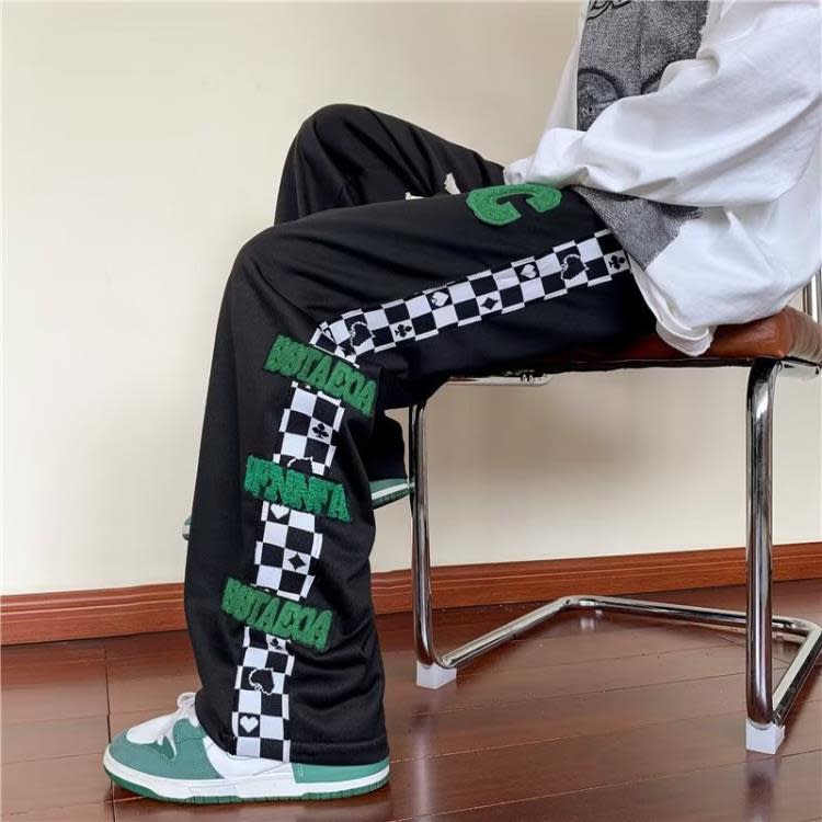 棋盤格褲子男秋季植絨側邊流行風潮編織繩寬松直筒衛褲闊腿休閒褲-細節圖2