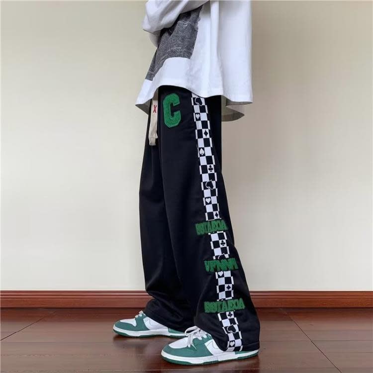 棋盤格褲子男秋季植絨側邊流行風潮編織繩寬松直筒衛褲闊腿休閒褲-細節圖3
