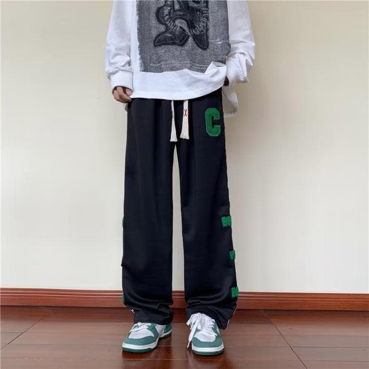 棋盤格褲子男秋季植絨側邊流行風潮編織繩寬松直筒衛褲闊腿休閒褲-細節圖4