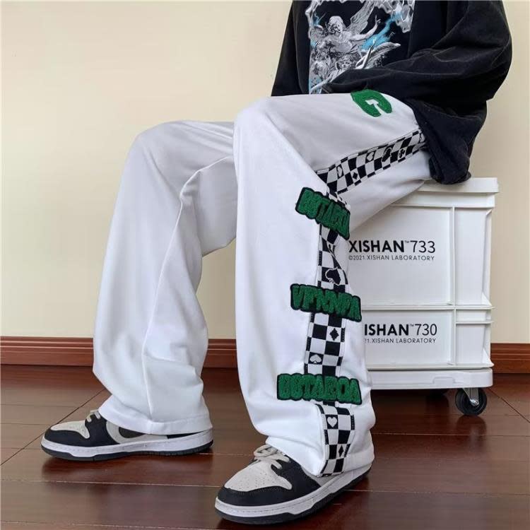 棋盤格褲子男秋季植絨側邊流行風潮編織繩寬松直筒衛褲闊腿休閒褲-細節圖5
