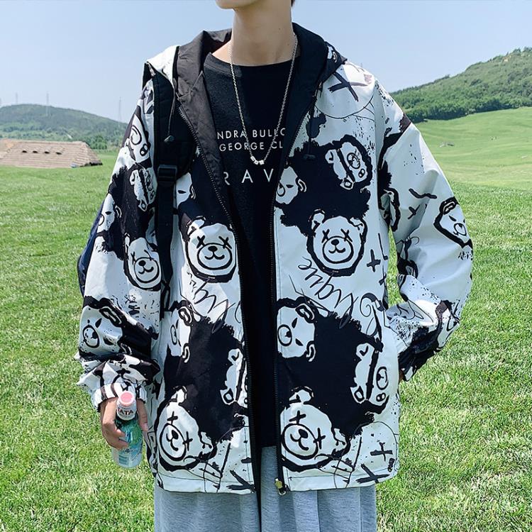 春秋新款香港印花夾克男潮流學生帥氣寬松二面穿外套男休閒上衣服-細節圖2