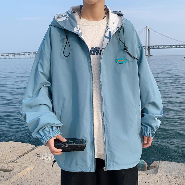 春秋新款香港印花夾克男潮流學生帥氣寬松二面穿外套男休閒上衣服-細節圖3