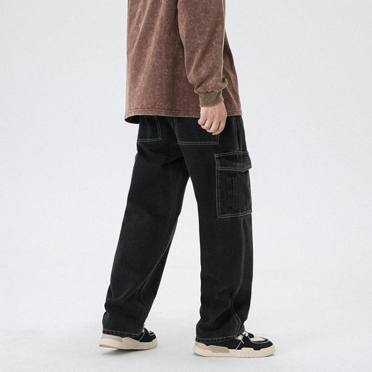牛仔褲 日系男裝多口袋工裝男寬松直筒闊腿長褲ins秋季潮流拖地褲-細節圖2