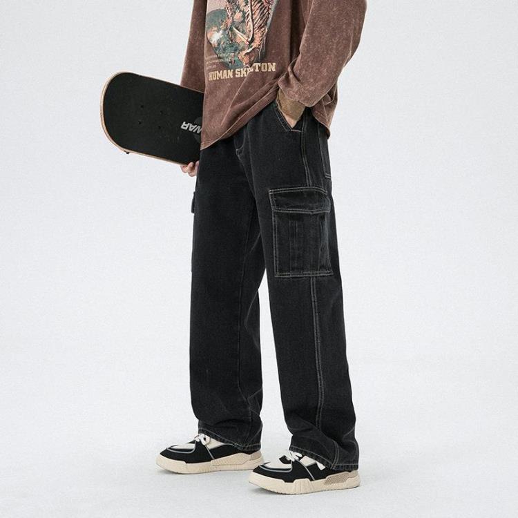 牛仔褲 日系男裝多口袋工裝男寬松直筒闊腿長褲ins秋季潮流拖地褲-細節圖3