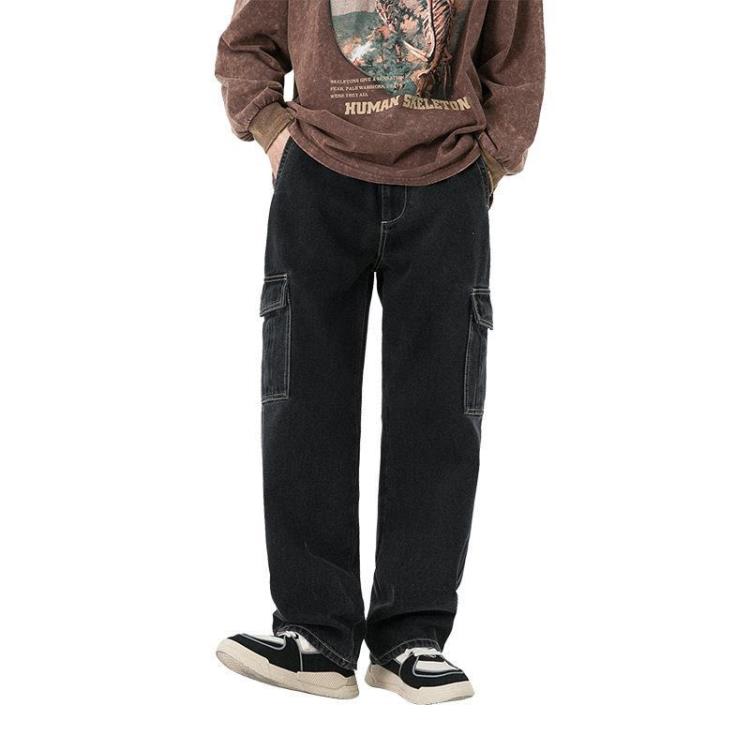 牛仔褲 日系男裝多口袋工裝男寬松直筒闊腿長褲ins秋季潮流拖地褲-細節圖4