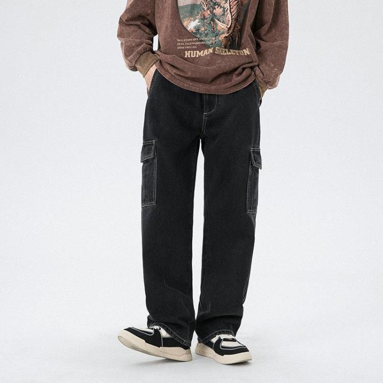 牛仔褲 日系男裝多口袋工裝男寬松直筒闊腿長褲ins秋季潮流拖地褲-細節圖5