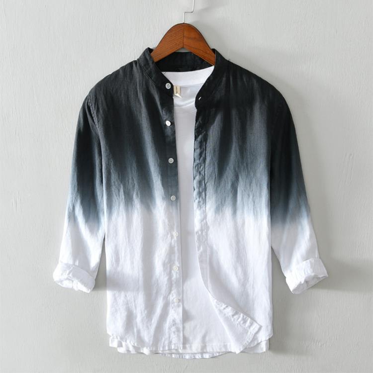 733 正韓潮流個性扎染亞麻襯衣男士個性漸變長袖拼色襯衫一件代髮-細節圖2