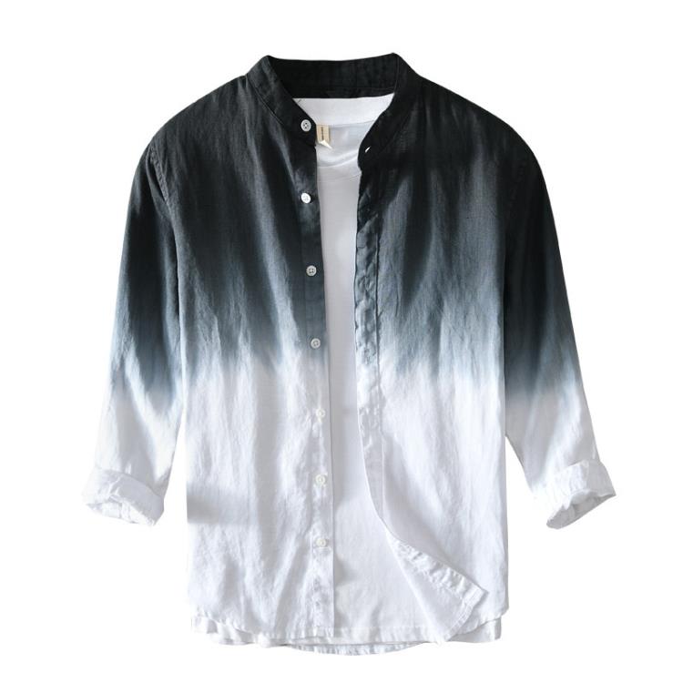 733 正韓潮流個性扎染亞麻襯衣男士個性漸變長袖拼色襯衫一件代髮-細節圖5