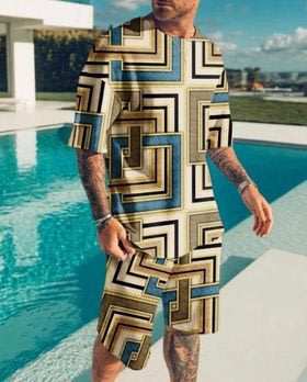 短褲 2023夏季歐美短袖二件套運動休閒男士套裝-細節圖6